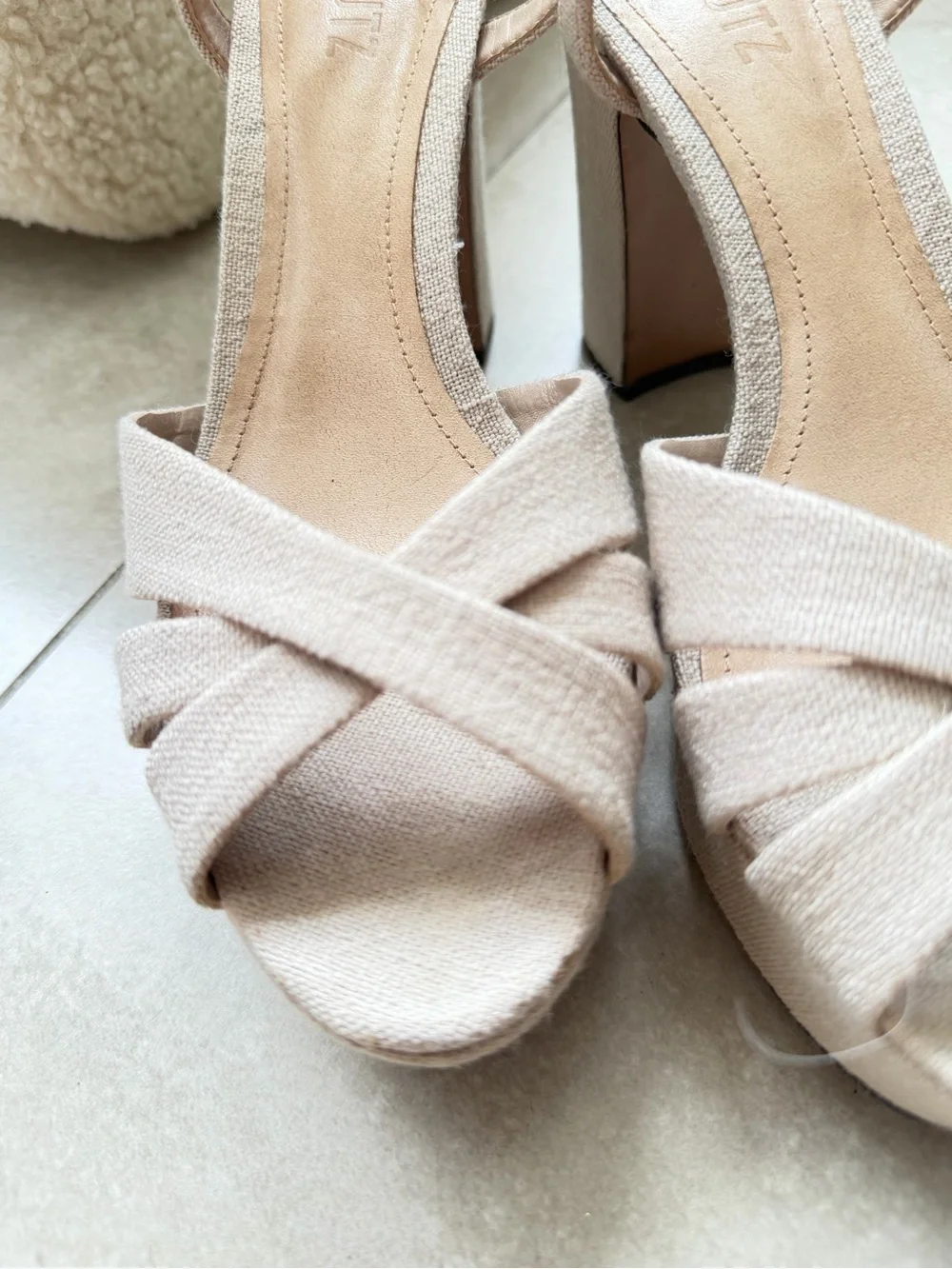 SCHUTZ Neutral Beige Platform Sandal with Block Heel